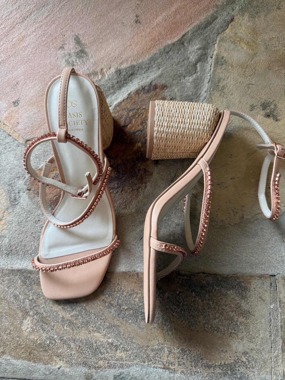 Oasis Society Rose Gold Rhinestone Jeweled Strappy Rattan Block Heel Wedding